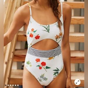 Anthropologie White Floral One-Piece Cut Out Swimsuit